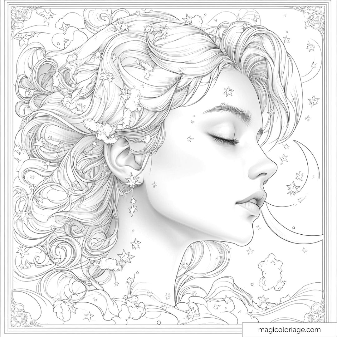 Dessin de profil d'une femme entourée d'étoiles et de nuages