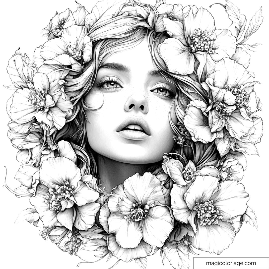 Femme entourée de fleurs exquises