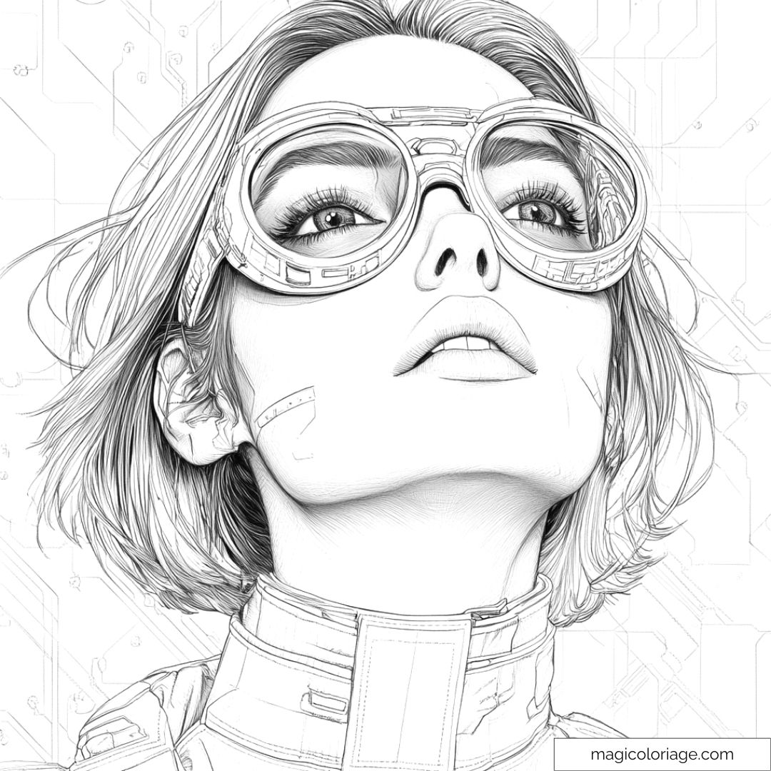 Jeune femme au regard ambitieux avec des grandes lunettes de technologie