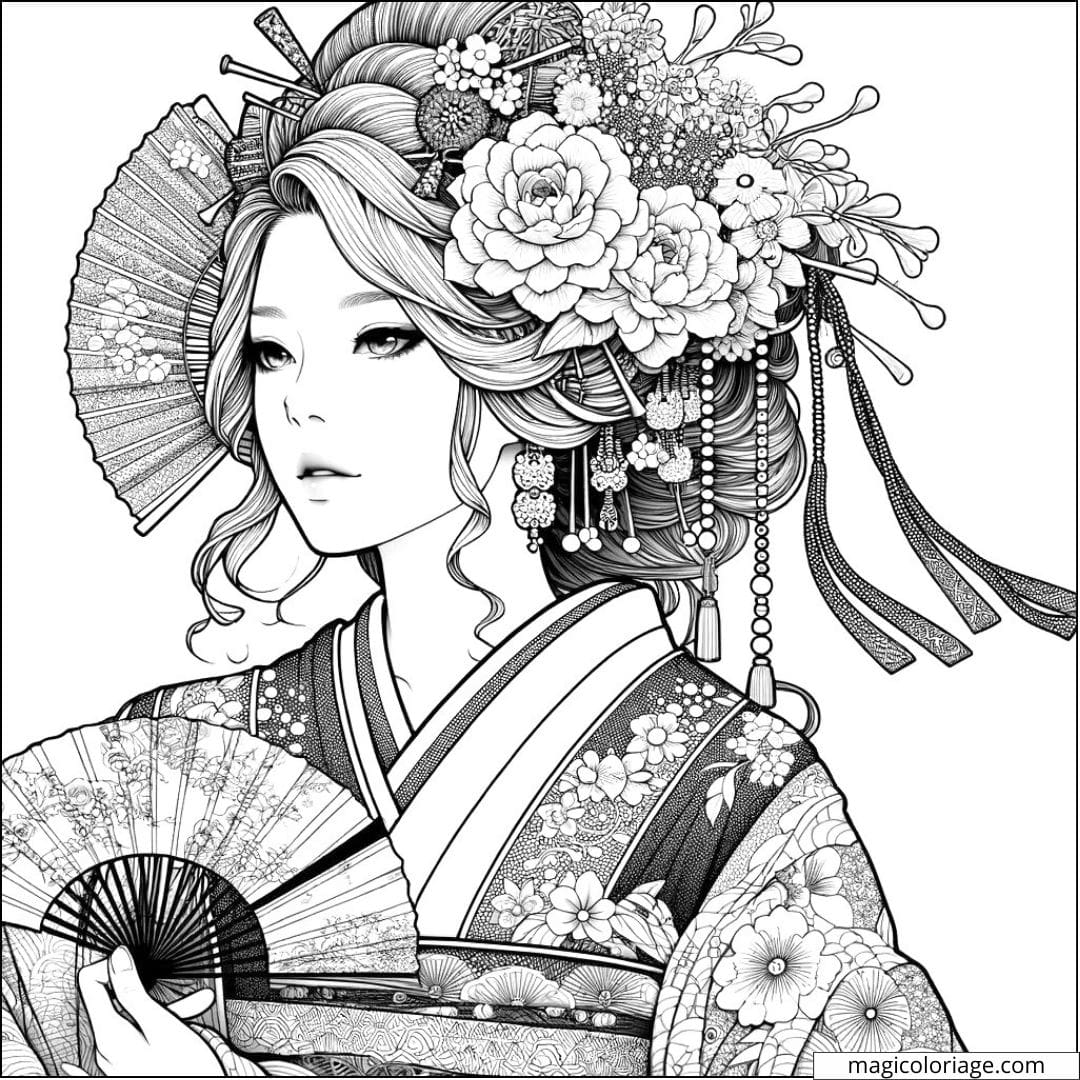 Portrait féminin dans un kimono traditionnel japonais à colorier