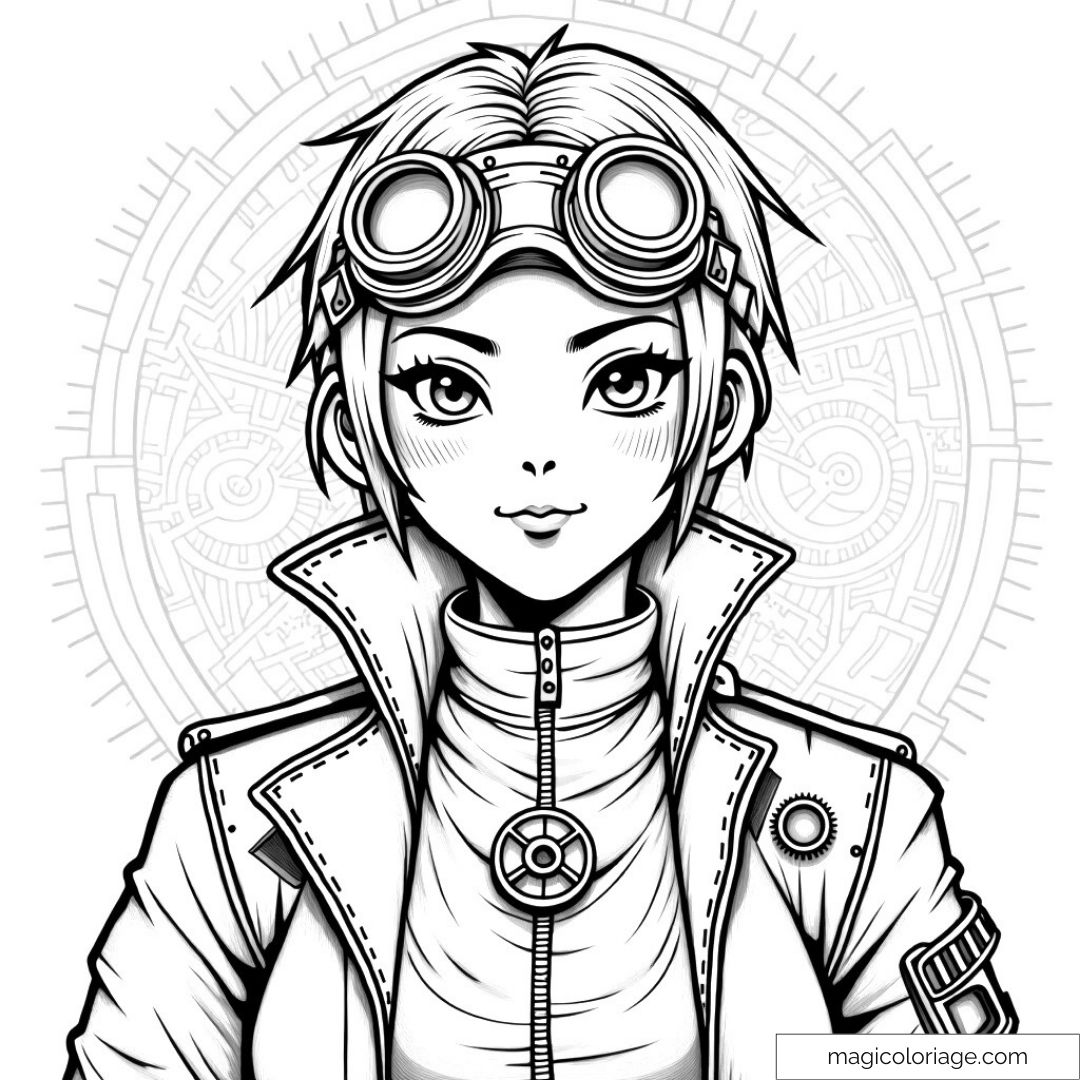 Coloriage d'une aventurière steampunk avec lunettes et veste