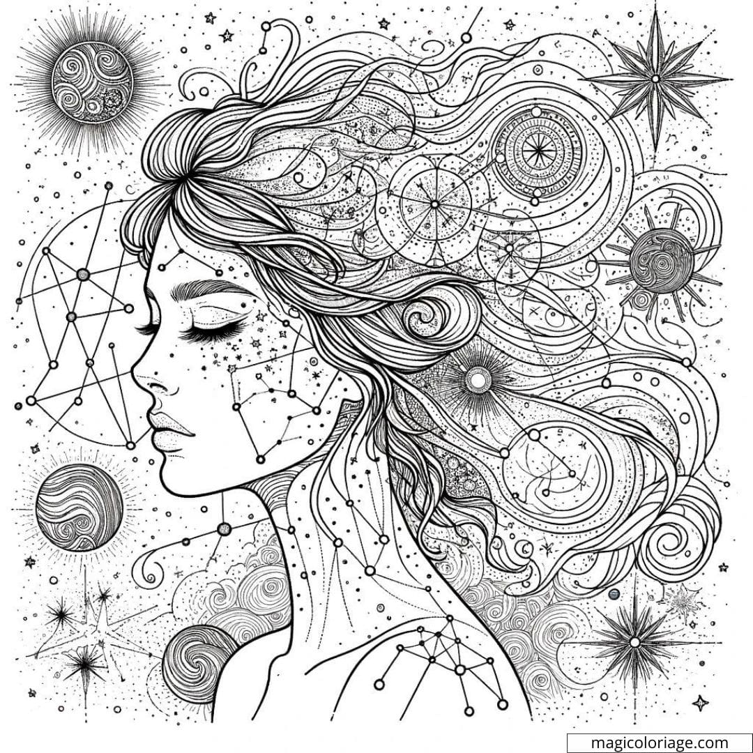 Portrait féminin entouré de motifs célestes à colorier
