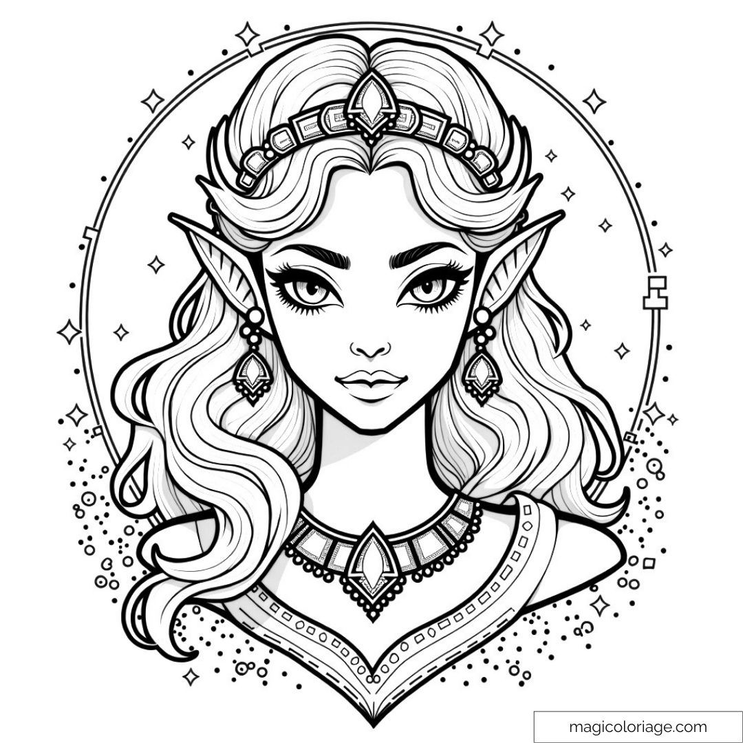 Dessin à colorier d'une princesse elfique avec bijoux détaillés