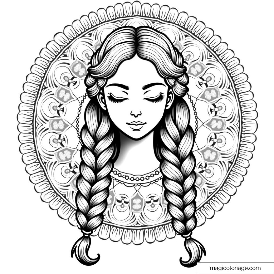 Dessin de jeune fille avec tresses entourée de mandala détaillé