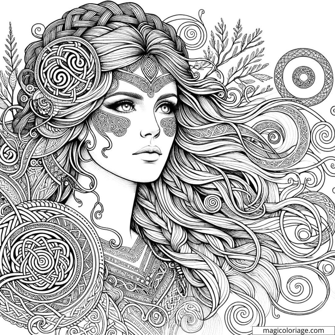 Celtique, Mythologie, Coloriage Adulte, Portrait Féminin
