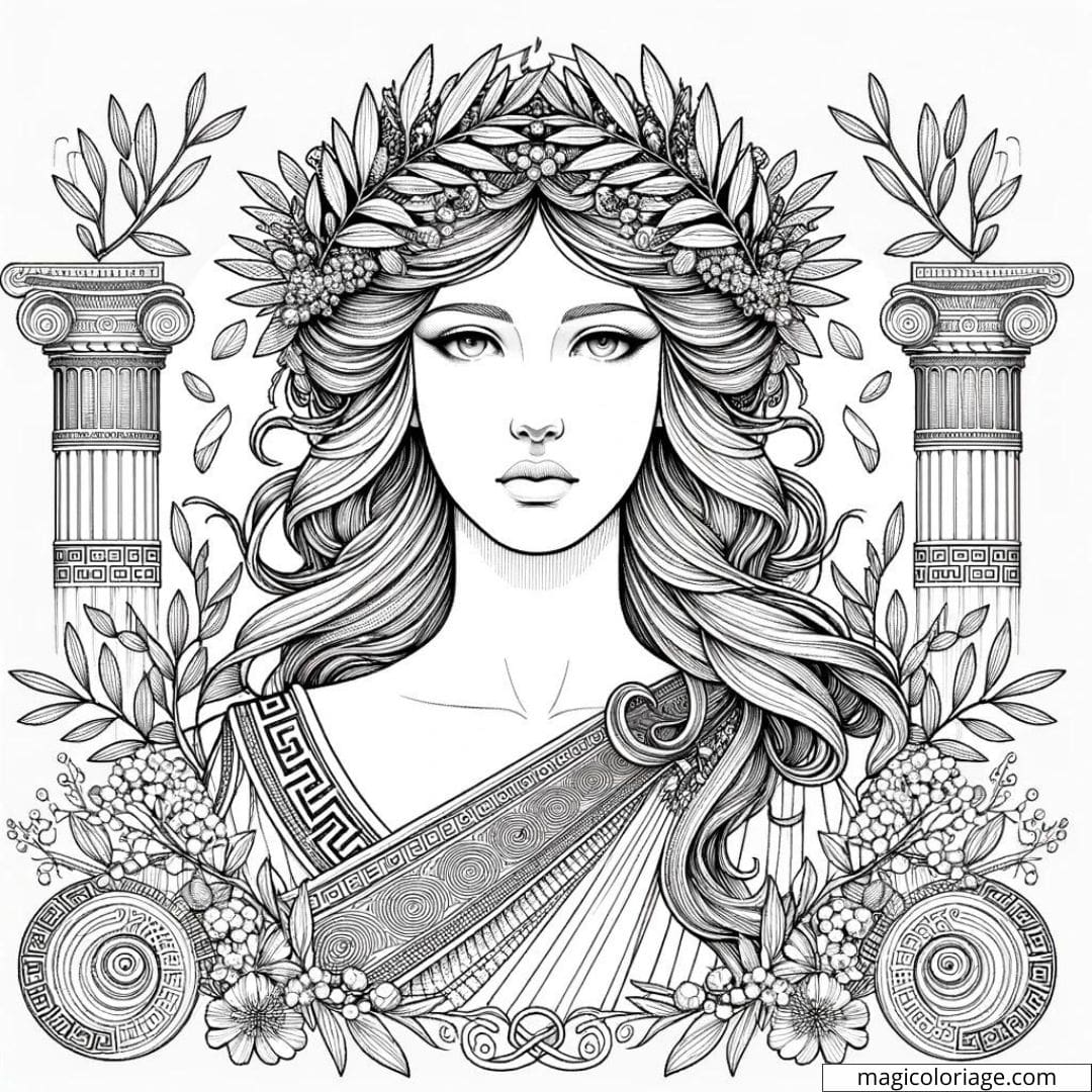Portrait féminin avec éléments de mythologie grecque à colorier