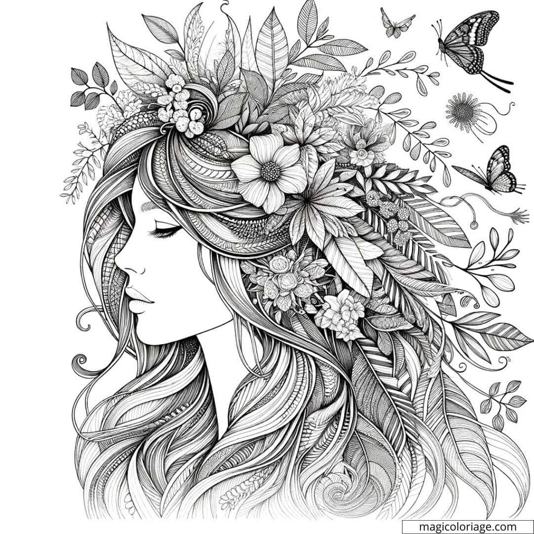 Portrait de femme pour coloriage adulte avec éléments de la nature dans ses cheveux