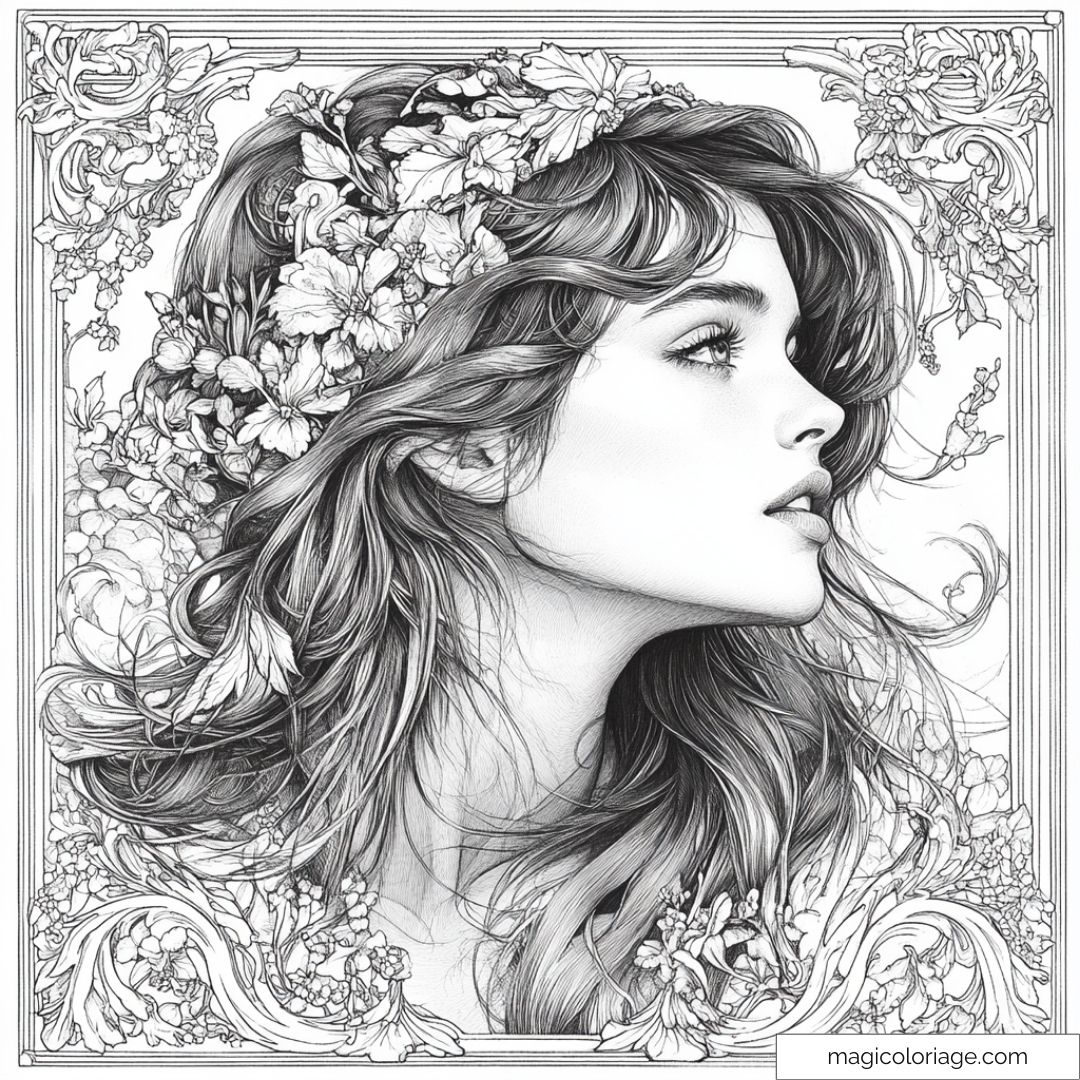 Coloriage de portrait de femme avec fleurs et cheveux détaillés.