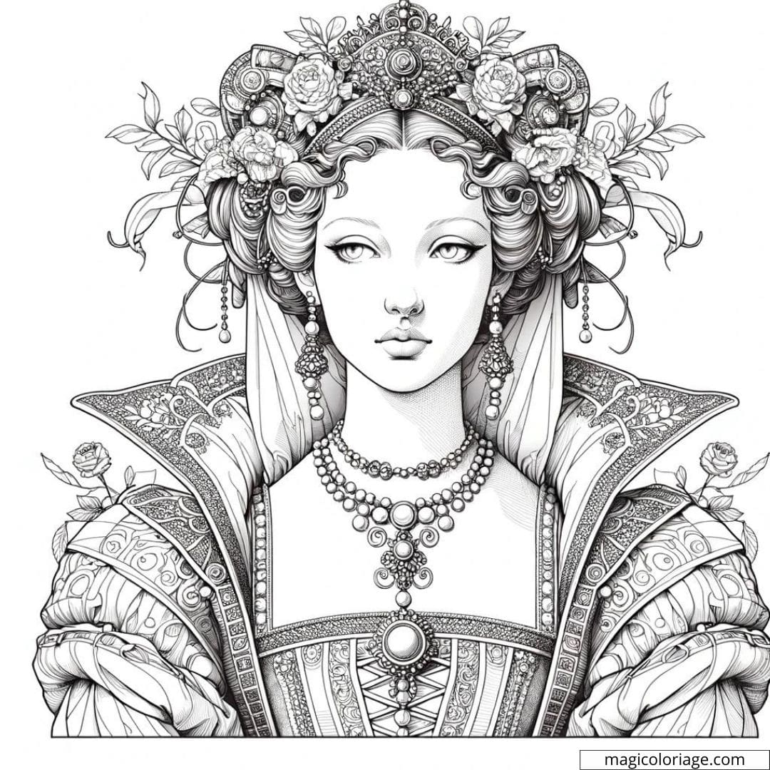 Portrait féminin alliant Renaissance et modernité à colorier