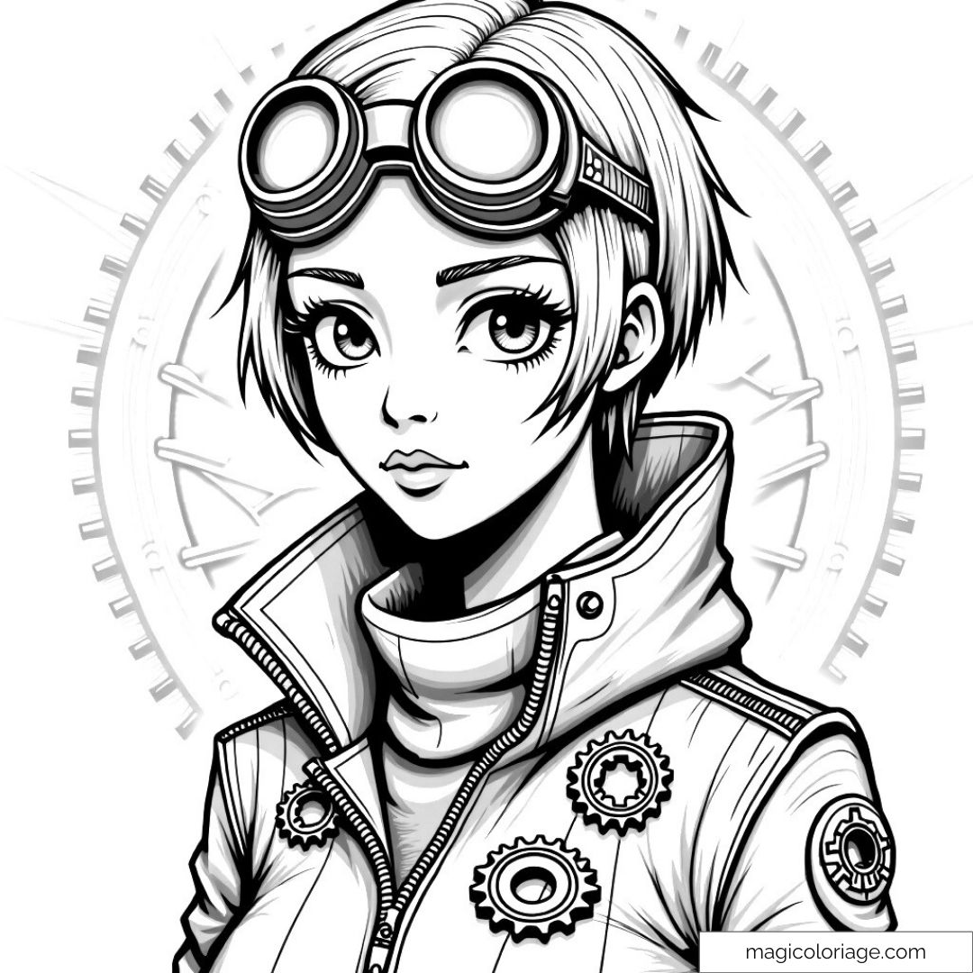 Jeune fille steampunk avec lunettes d'aviateur et engrenages