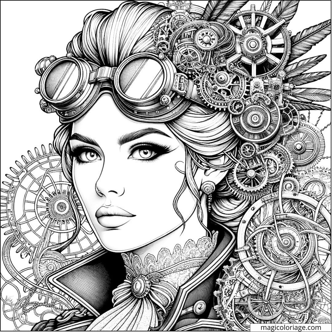 Portrait féminin steampunk avec éléments mécaniques à colorier