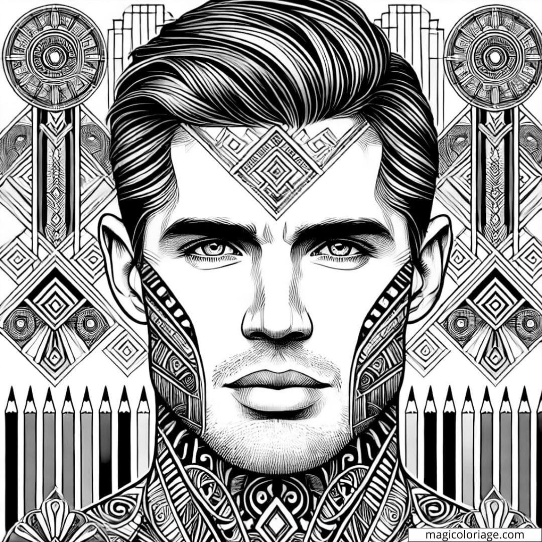Coloriage à imprimer d'un homme avec des motifs tribaux complexes intégrés dans un design Art Déco.