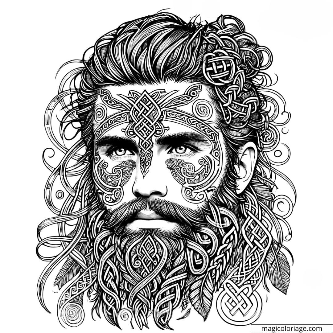 Coloriage à imprimer d'un homme avec des motifs celtiques complexes intégrés dans un design tribal.