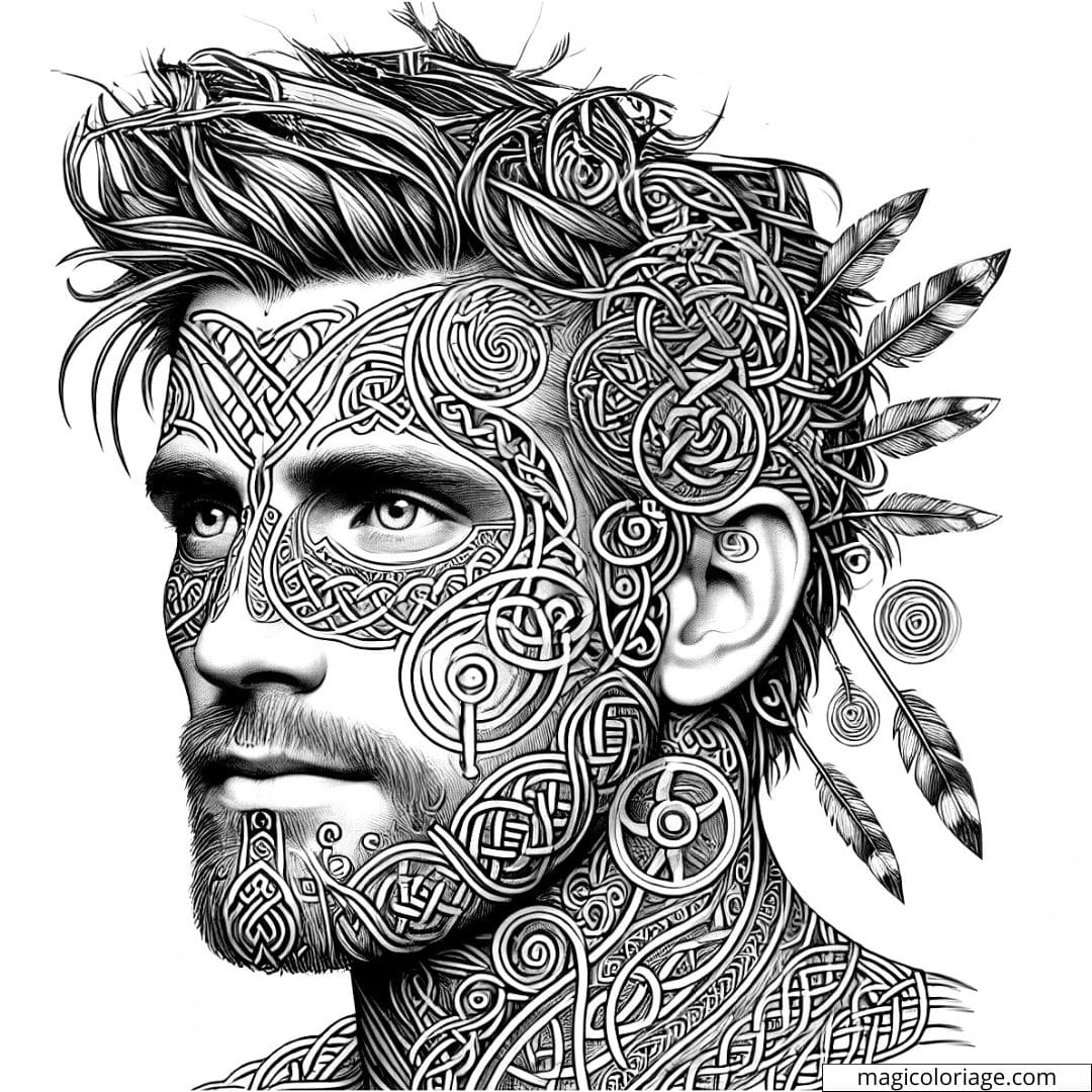 Coloriage à imprimer d'un homme avec des motifs tribaux et celtiques, représentant la tradition et la sérénité.