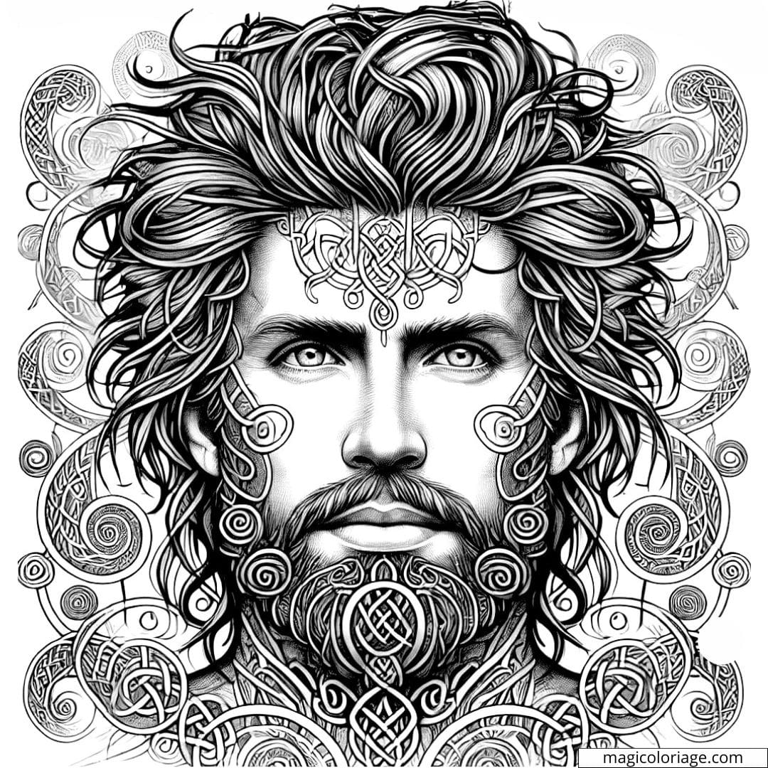 Coloriage à imprimer d'un homme avec des motifs tribaux et celtiques, offrant une expérience de coloriage immersive.