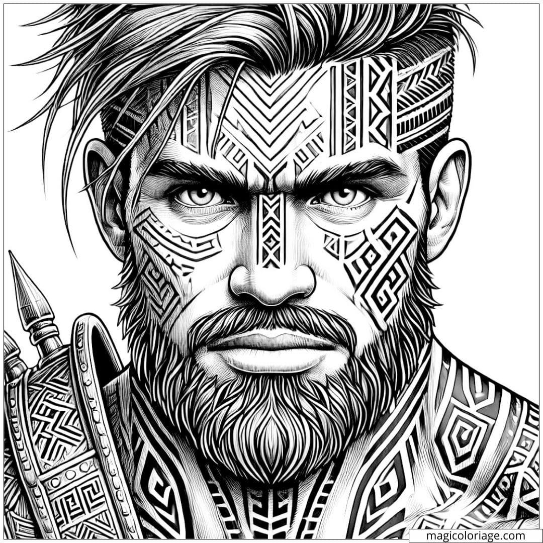 Coloriage à imprimer d'un homme avec des tatouages tribaux détaillés, inspirant force et sagesse.