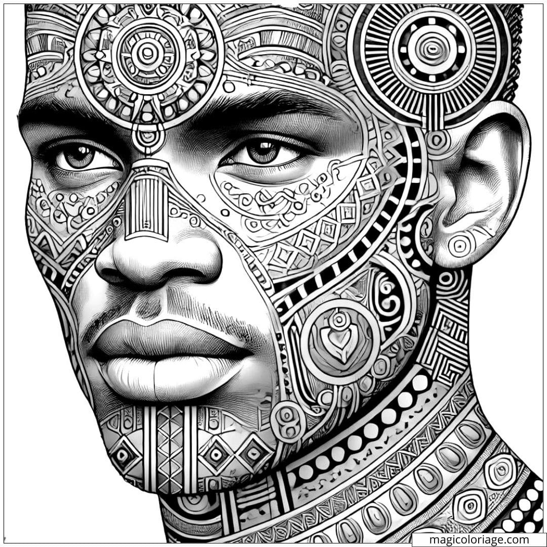 Coloriage à imprimer d'un homme avec des motifs tribaux et des ornements traditionnels africains.