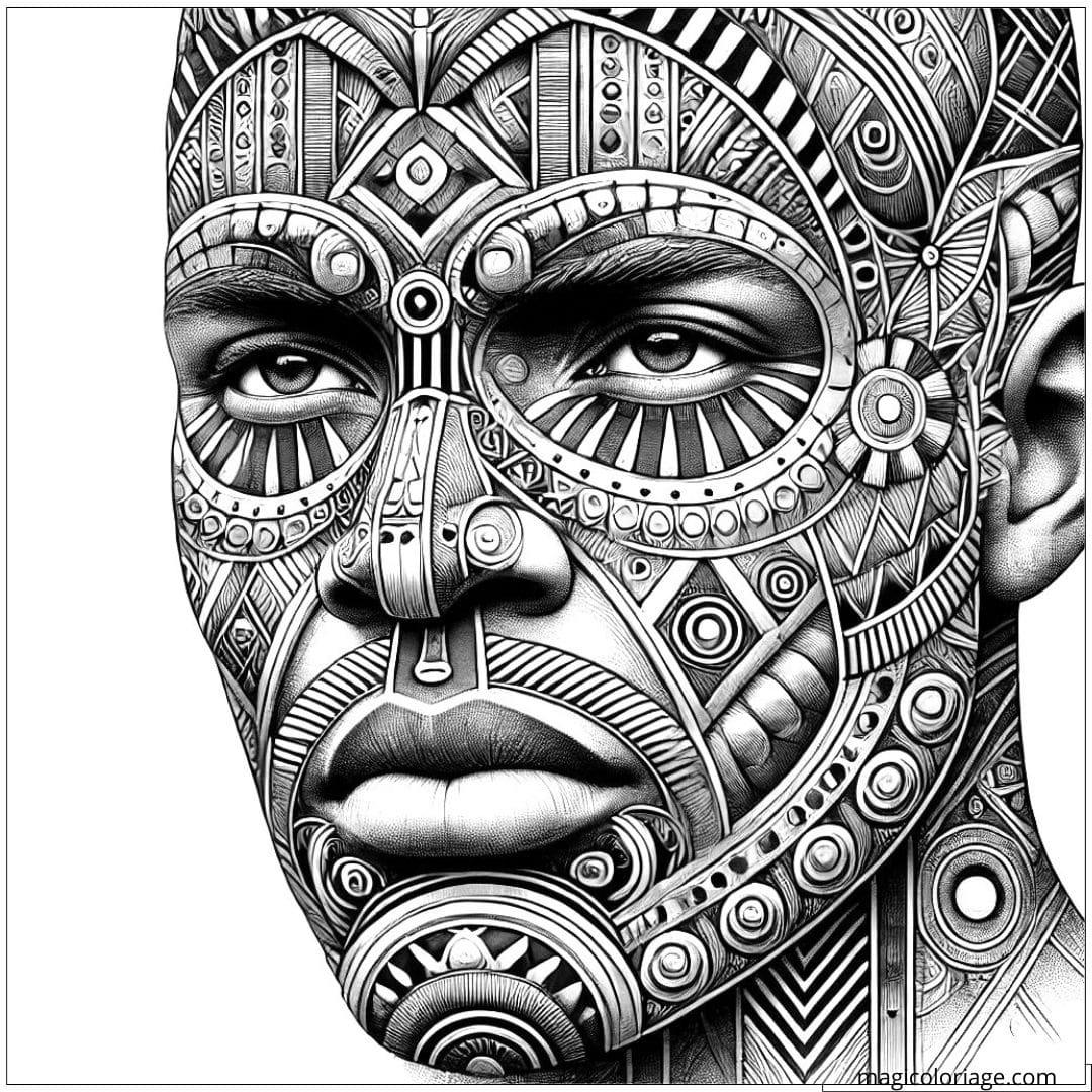 Coloriage à imprimer d'un homme avec des motifs de masques africains intégrés dans un design tribal.