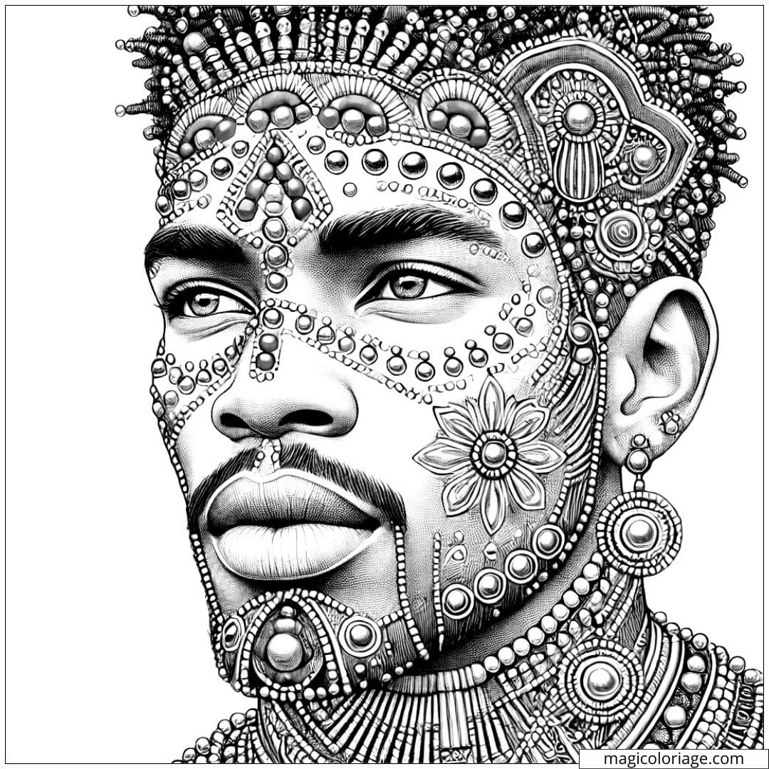 Coloriage à imprimer d'un homme avec des motifs tribaux intégrés à des perles traditionnelles africaines.