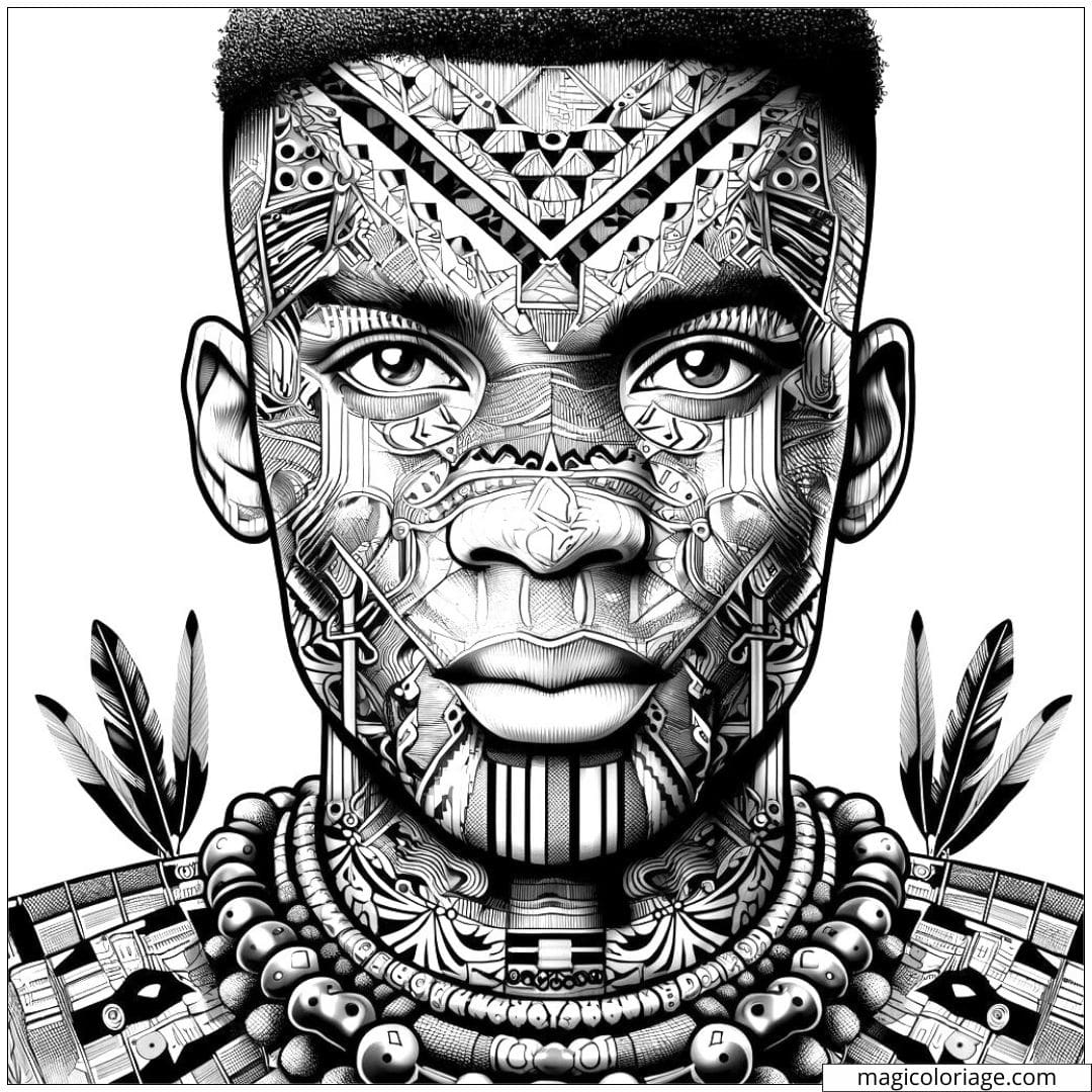 Coloriage à imprimer d'un homme avec des motifs de tissus africains, intégrés à des ornements tribaux.
