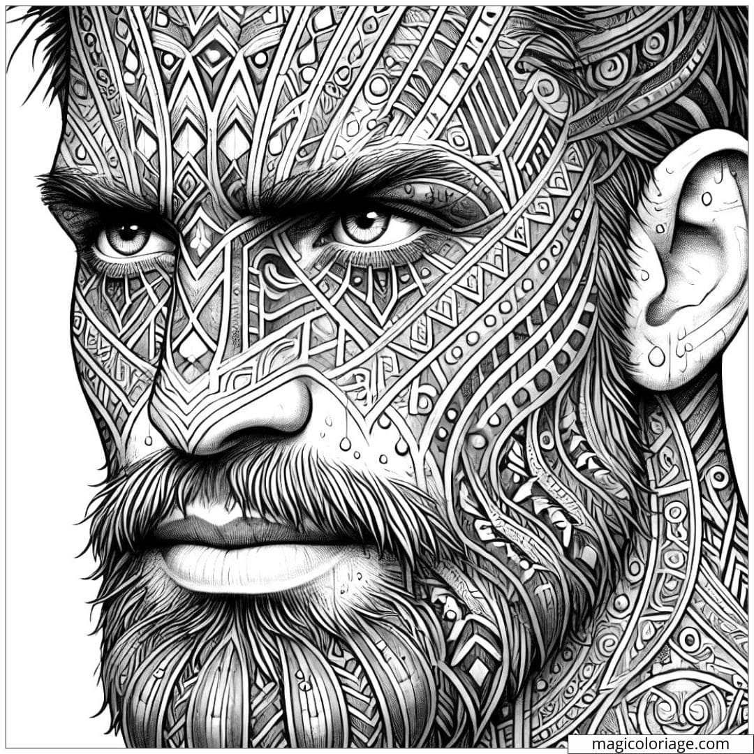 Coloriage à imprimer d'un homme avec des motifs tribaux complexes, évoquant un ancien guerrier ou chaman.