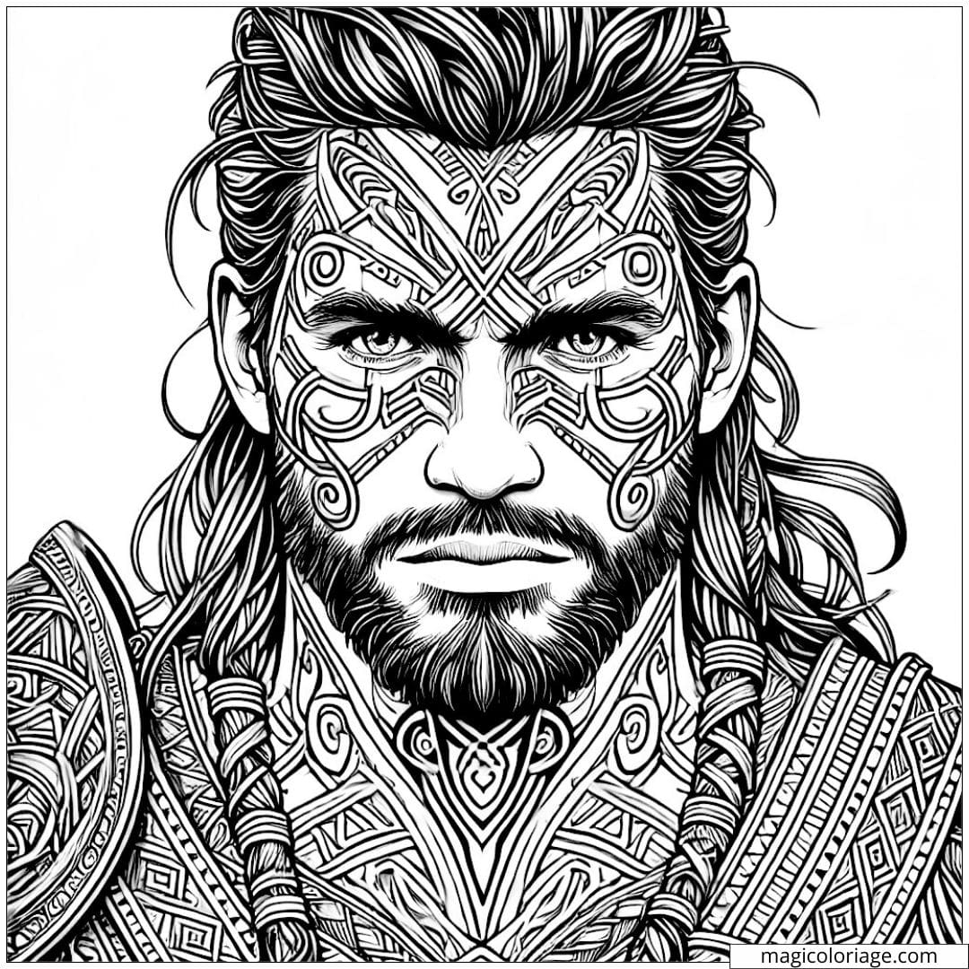 Coloriage à imprimer d'un homme en style tribal avec des traits intenses et des motifs complexes.