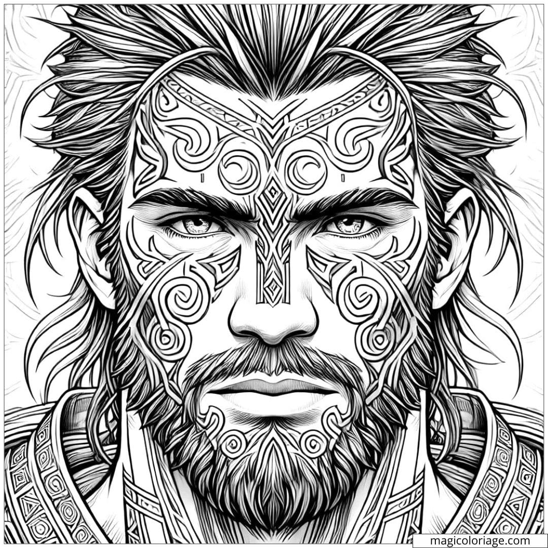 Coloriage à imprimer d'un homme en style tribal avec des traits intenses et des motifs complexes.