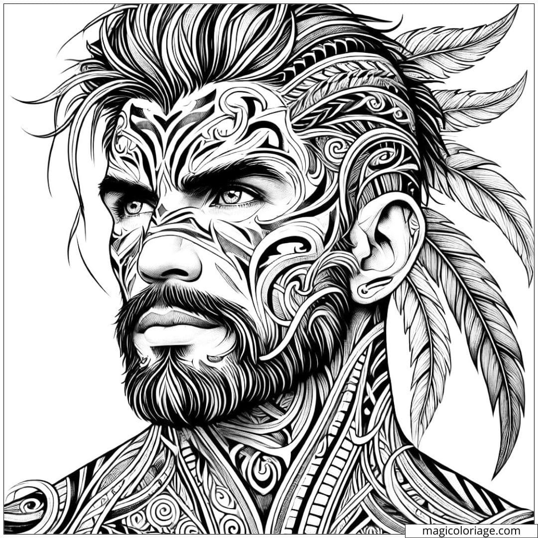 Coloriage à imprimer d'un homme avec des tatouages tribaux complexes et un air résolu.