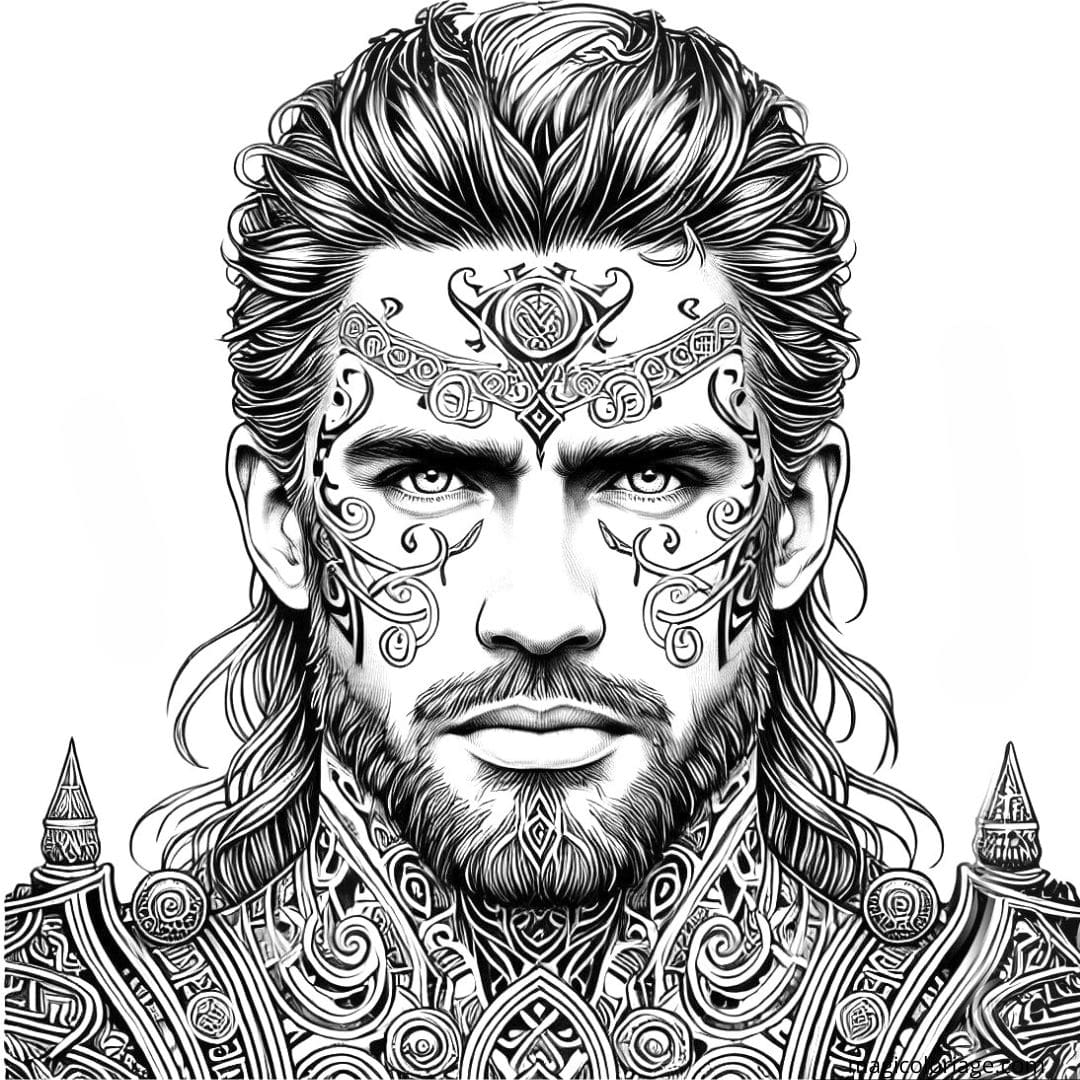 Coloriage à imprimer d'un portrait d'homme tribal avec des motifs majestueux et réalistes.
