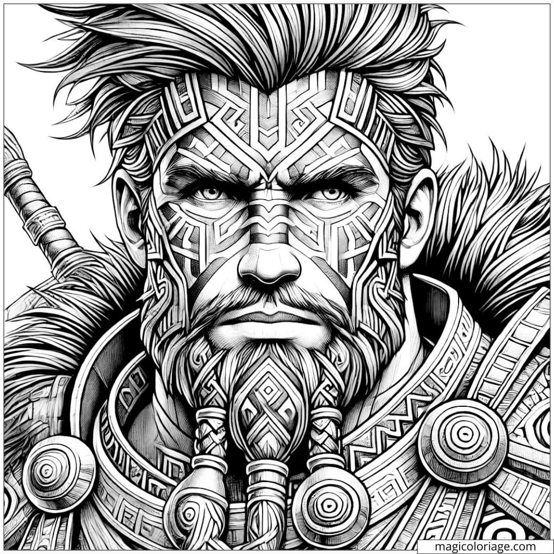 Coloriage à imprimer d'un homme avec des motifs tribaux complexes, évoquant courage et leadership.