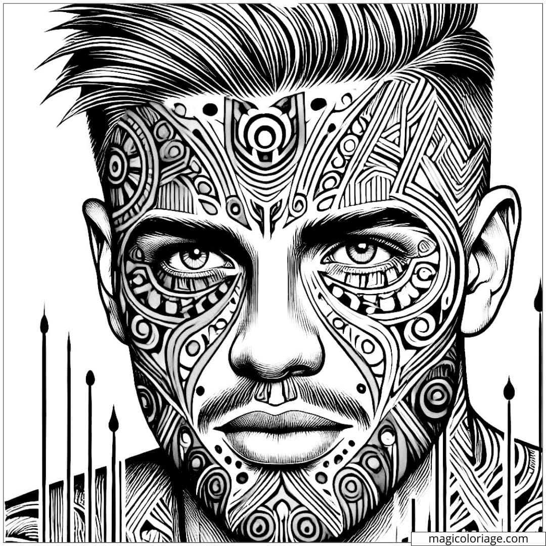 Coloriage à imprimer d'un homme avec des motifs tribaux combinés avec des couleurs vives et des lignes marquées du style Pop Art.