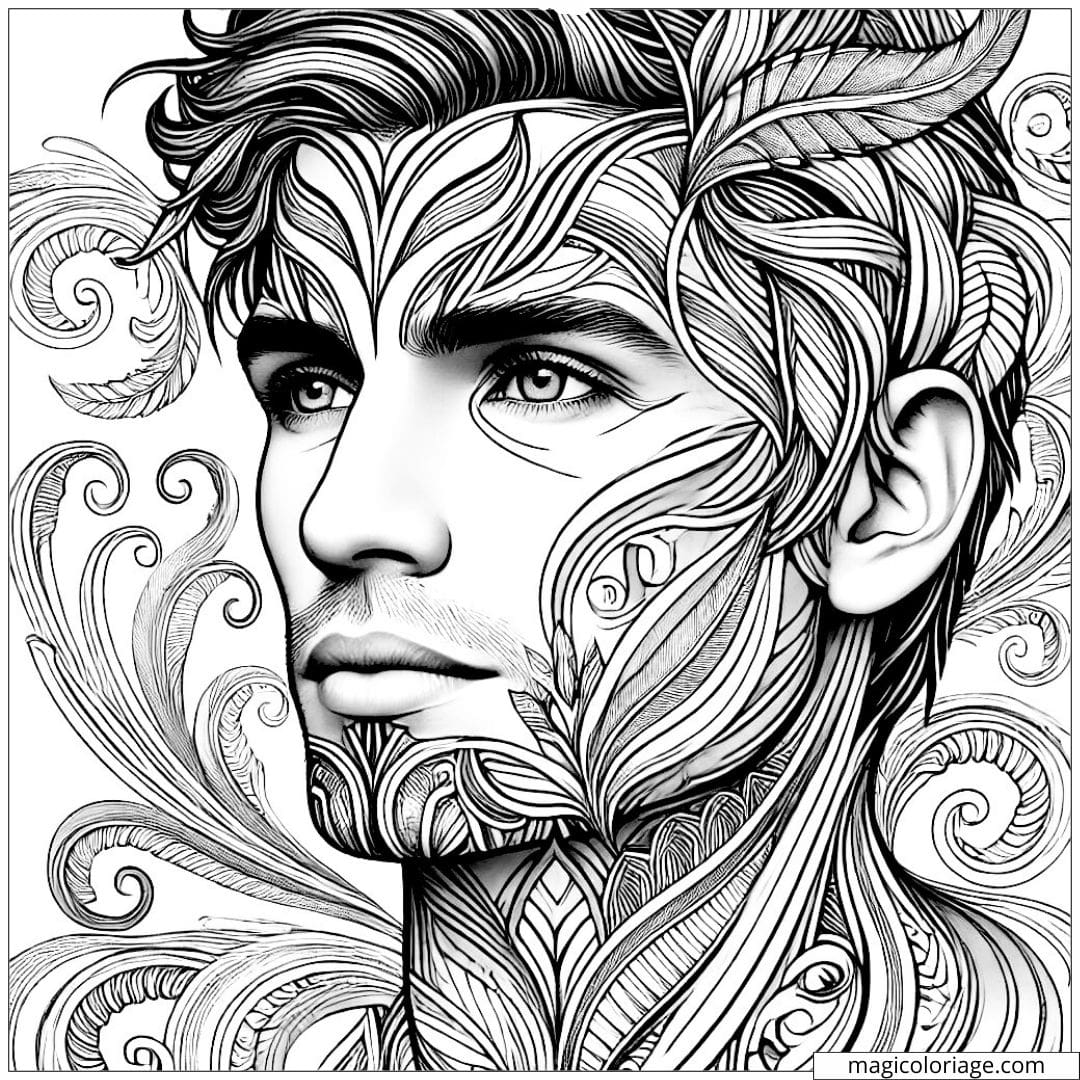 Coloriage portrait d'un homme avec des motifs tribaux fusionnés avec des lignes fluides et des courbes organiques de style Art Nouveau.