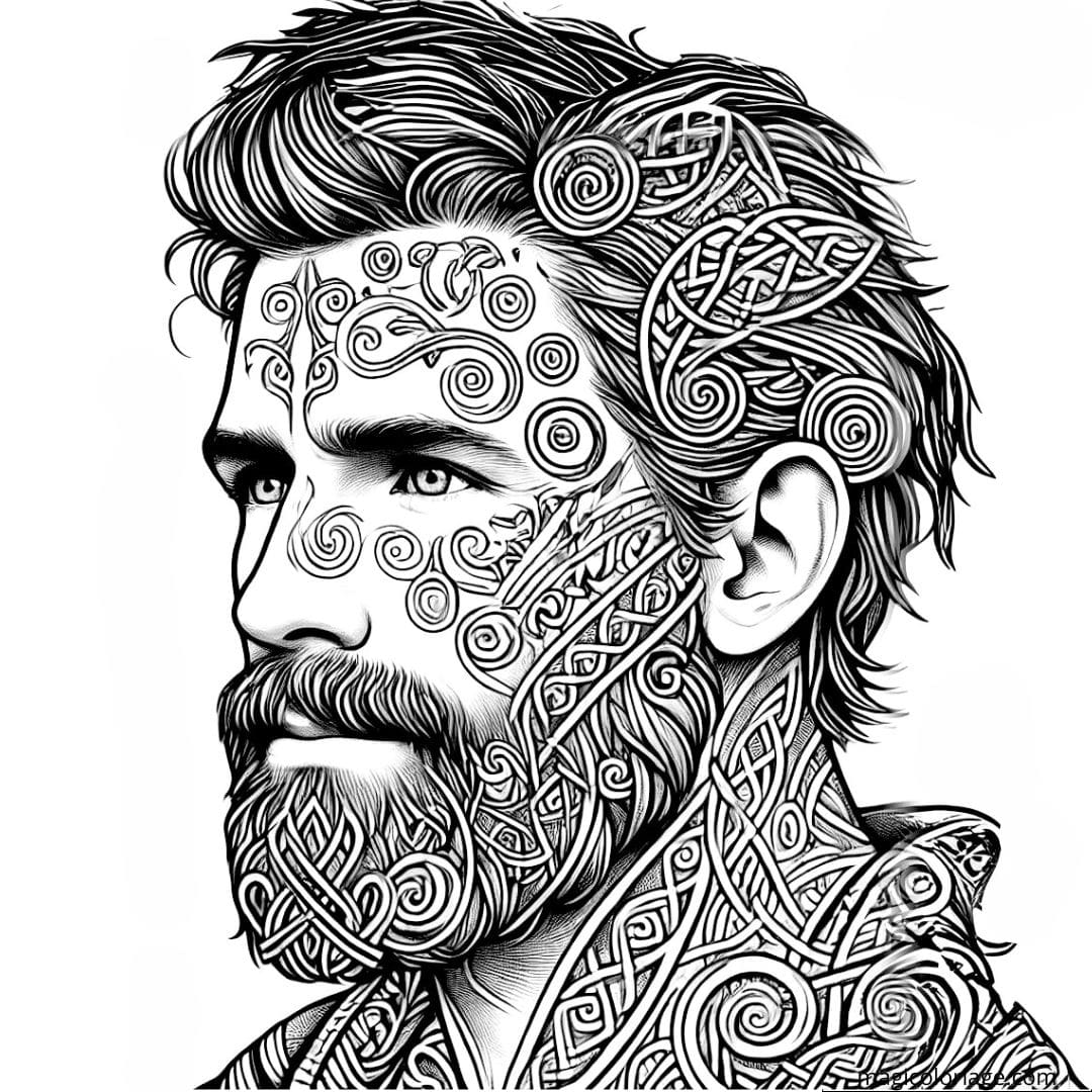 Coloriage portrait d'un homme avec des motifs celtiques et tribaux fusionnés, dégageant une aura noble.