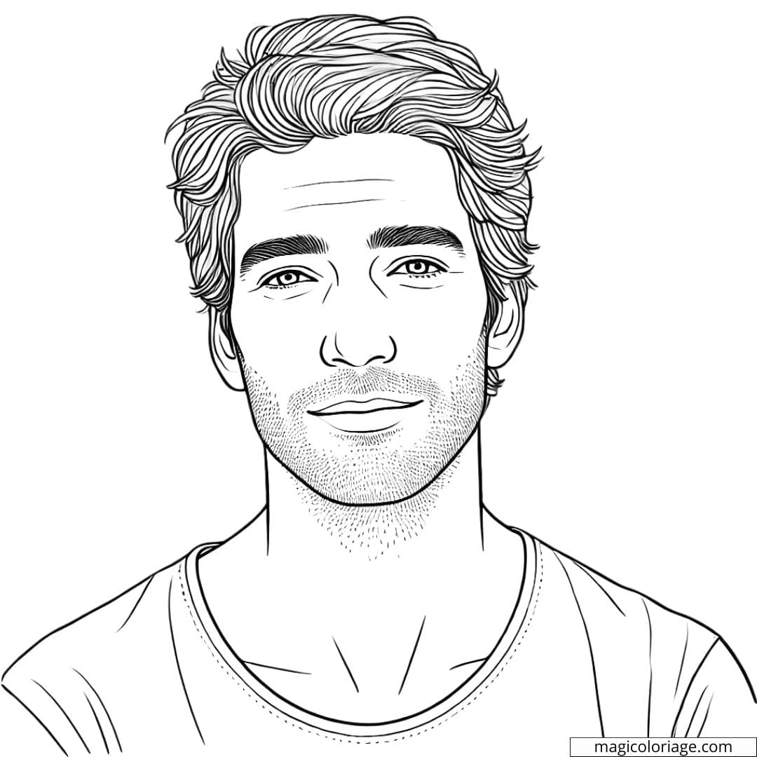 Coloriage portrait homme décontracté en t-shirt, à imprimer et colorier.