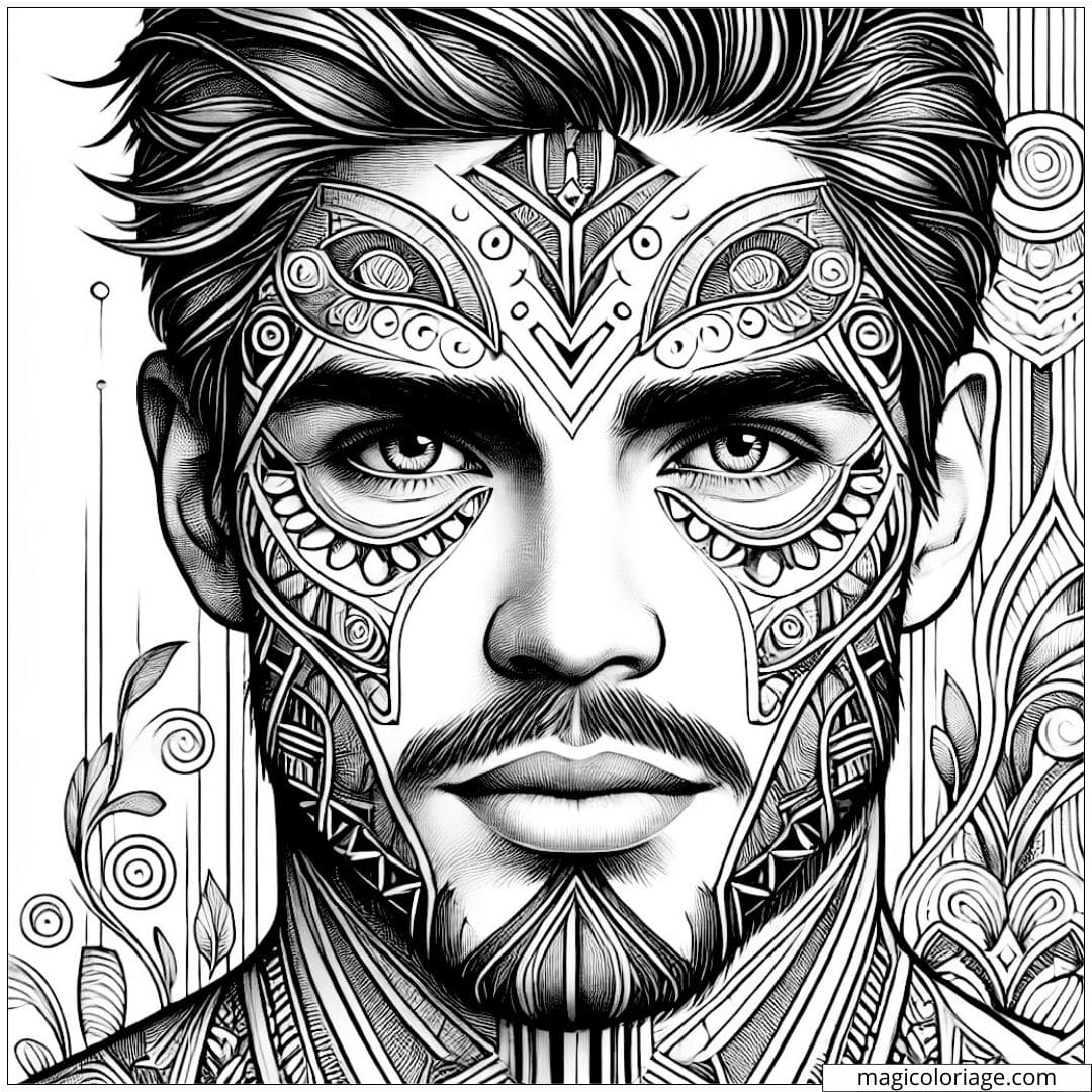 Coloriage portrait d'un homme avec des motifs tribaux fusionnés avec des formes géométriques Art Déco.