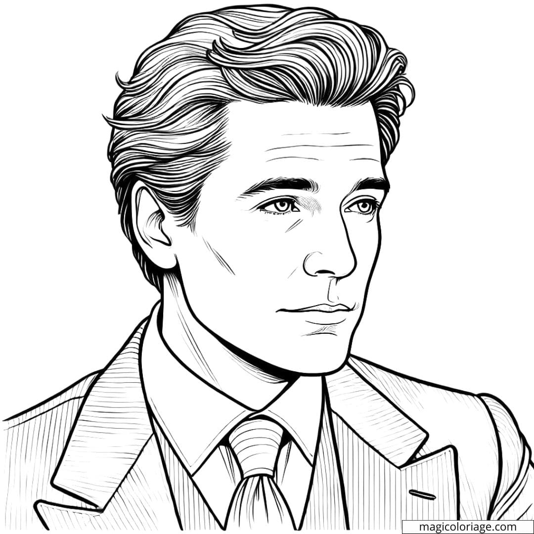 Coloriage portrait homme élégant en costume, parfait pour le coloriage.