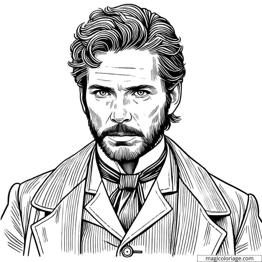 Coloriage portrait homme expressif avec barbe et col haut, pour les amateurs de dessins dramatiques.