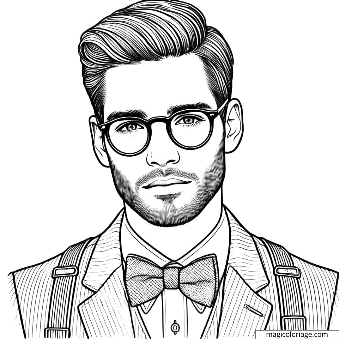Coloriage portrait homme rétro avec lunettes rondes et nœud papillon, à imprimer et colorier.