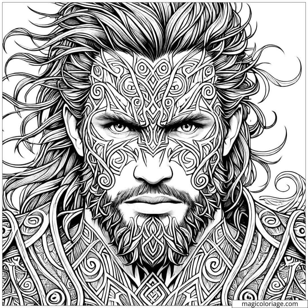 Coloriage portrait d'un homme avec des motifs tribaux détaillés, exprimant force et résilience.