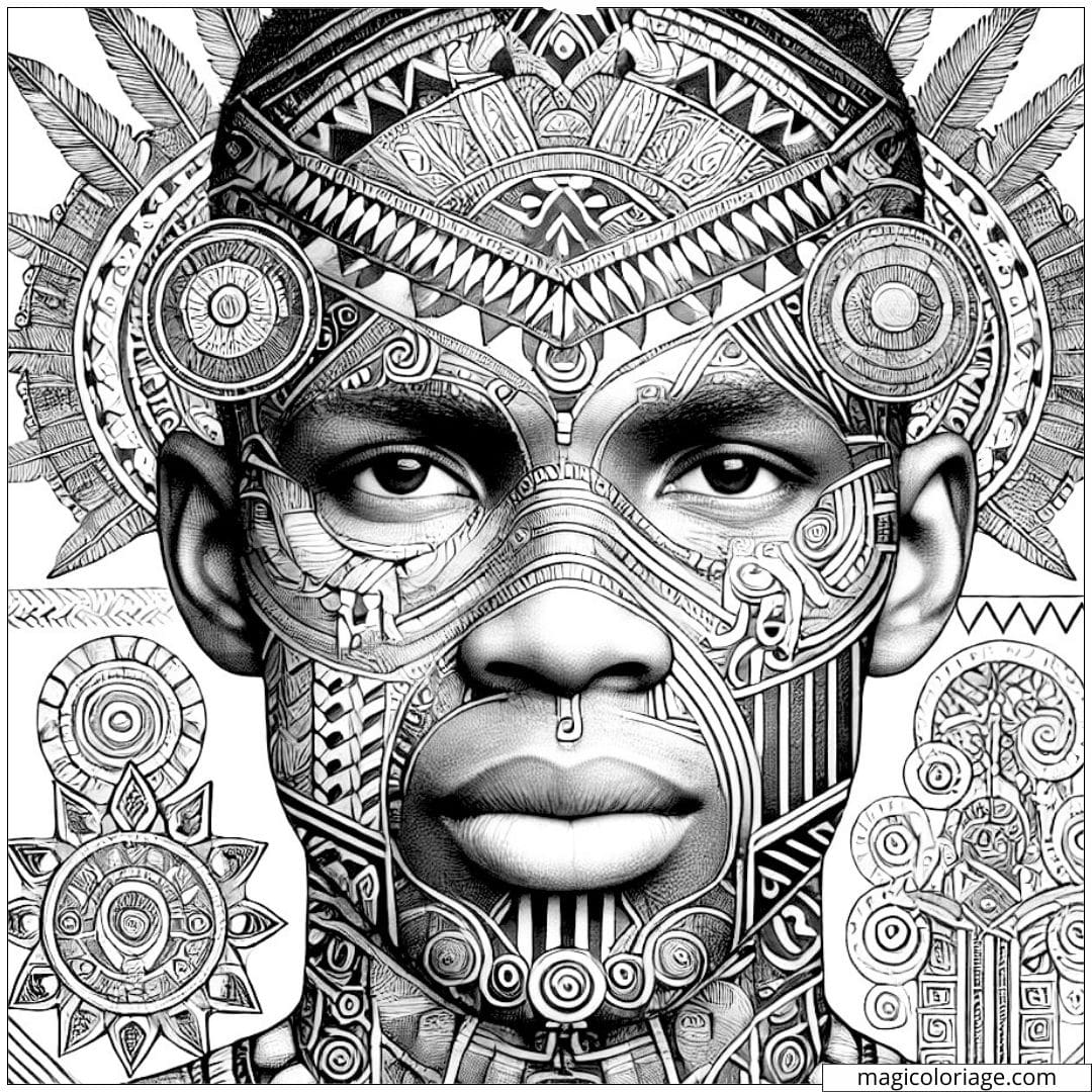 Coloriage portrait d'un homme avec des motifs tribaux fusionnés avec des motifs symboliques de l'art africain.