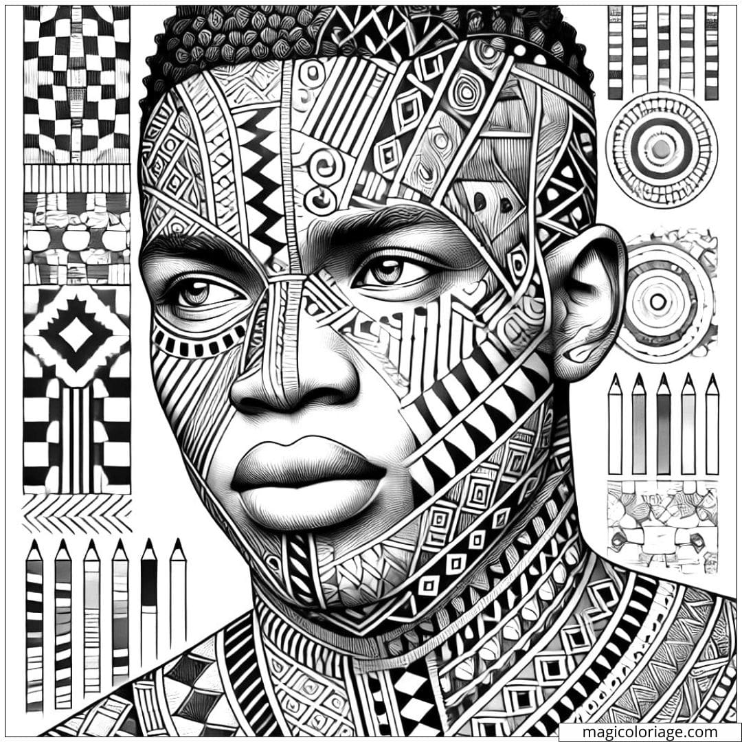 Coloriage portrait d'un homme avec des motifs tribaux fusionnés avec des motifs textiles ouest-africains.