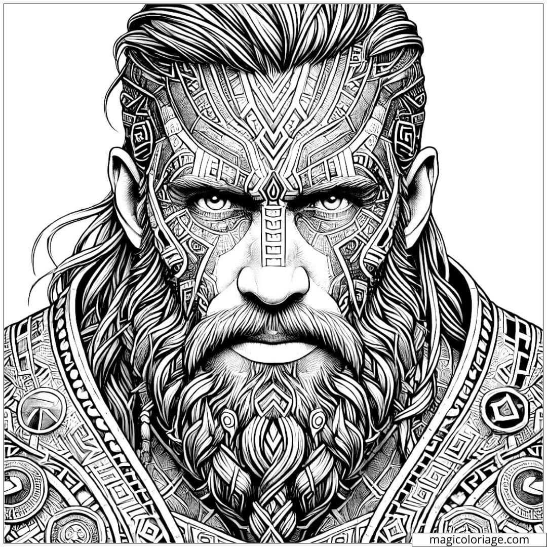 Coloriage portrait d'un homme avec des motifs tribaux réalistes et un air héroïque.