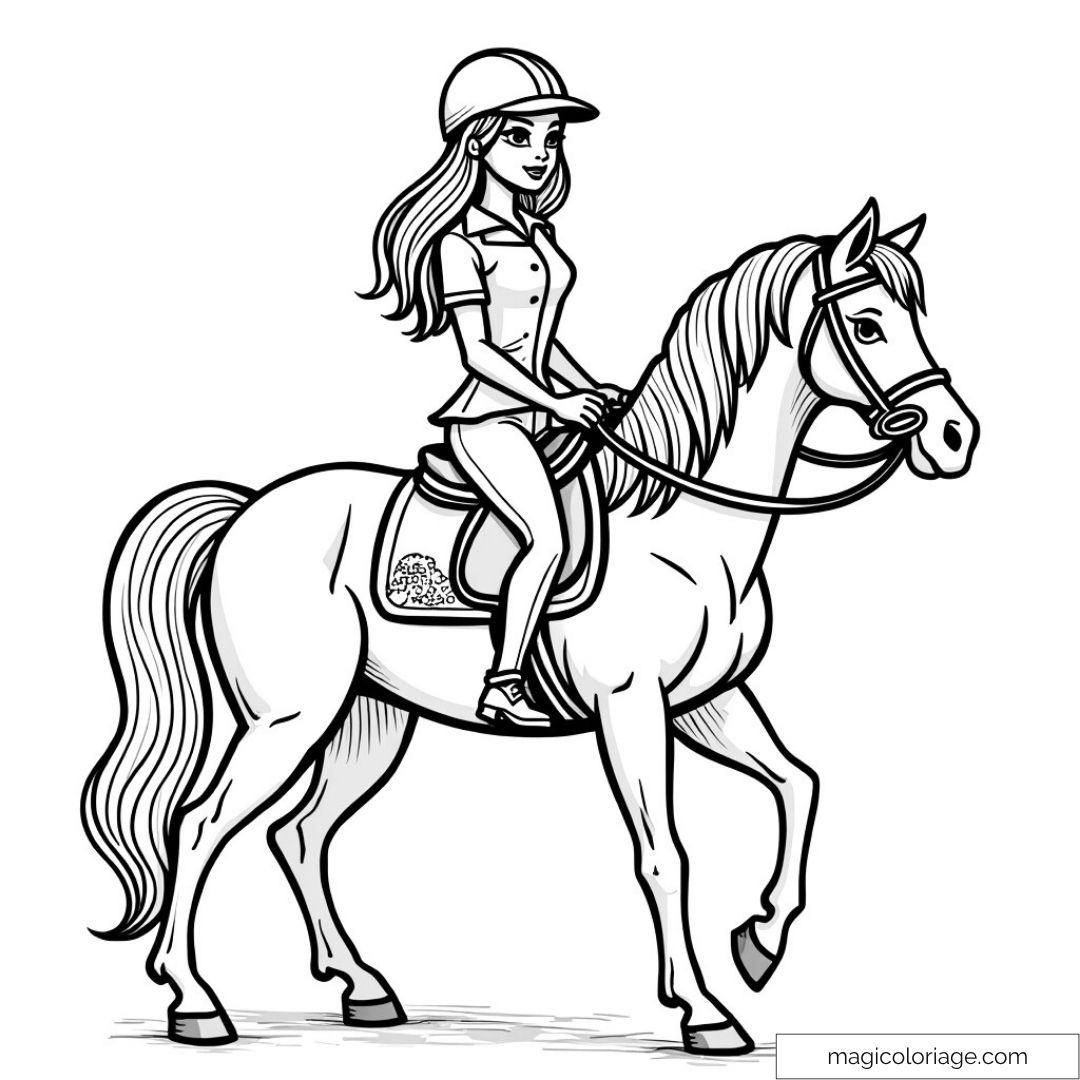Barbie sur un cheval élégant avec casque d'équitation