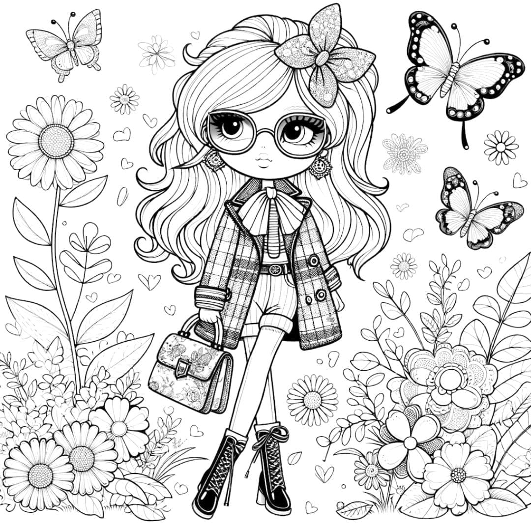 Barbie à la mode dans un jardin à colorier