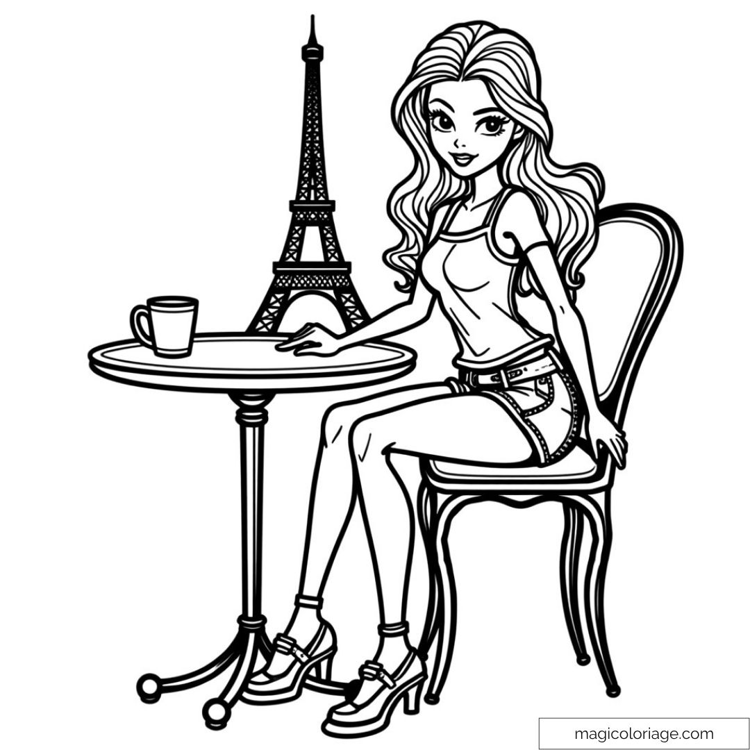 Barbie assise à un café parisien avec la Tour Eiffel en fond.