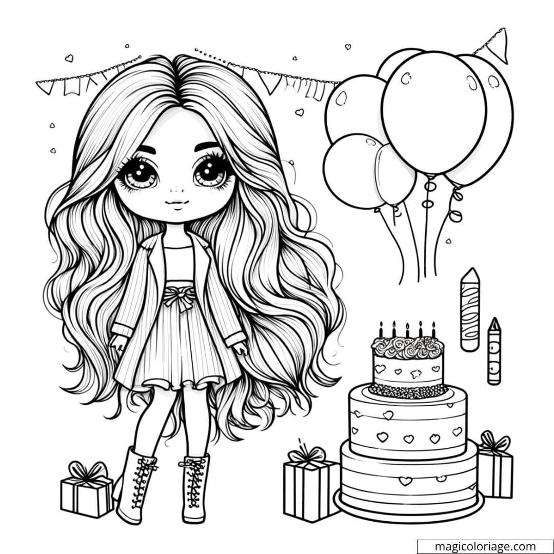 Dessin à colorier d'une Barbie à une fête d'anniversaire, idéale pour les enfants.
