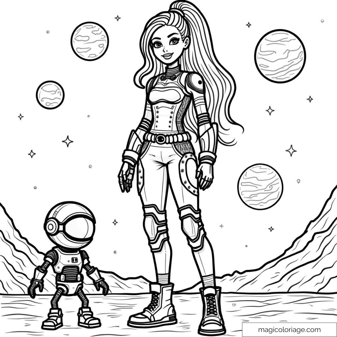 Barbie en tenue d'astronaute dans l'espace avec un robot et des planètes.