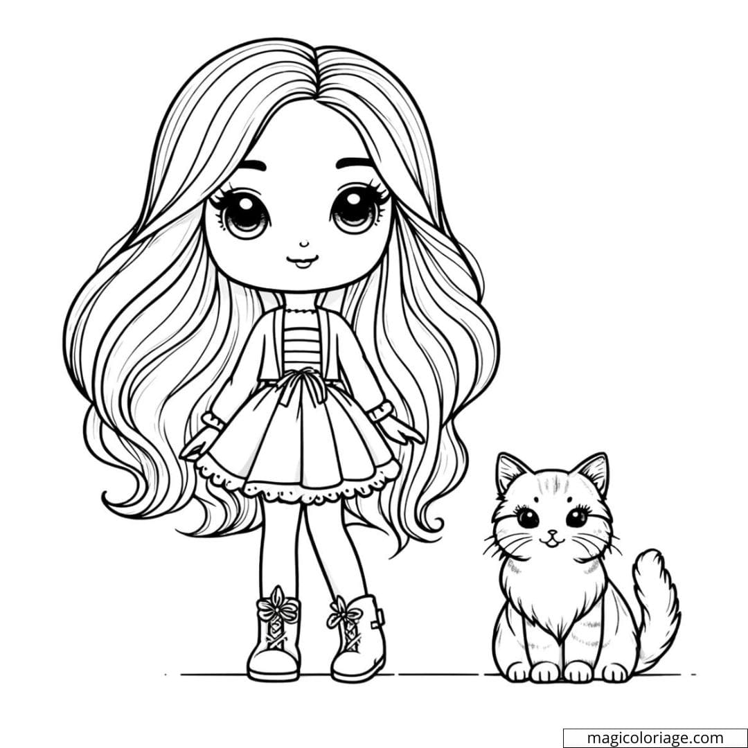 Dessin à colorier d'une Barbie avec un chat, idéale pour les enfants.