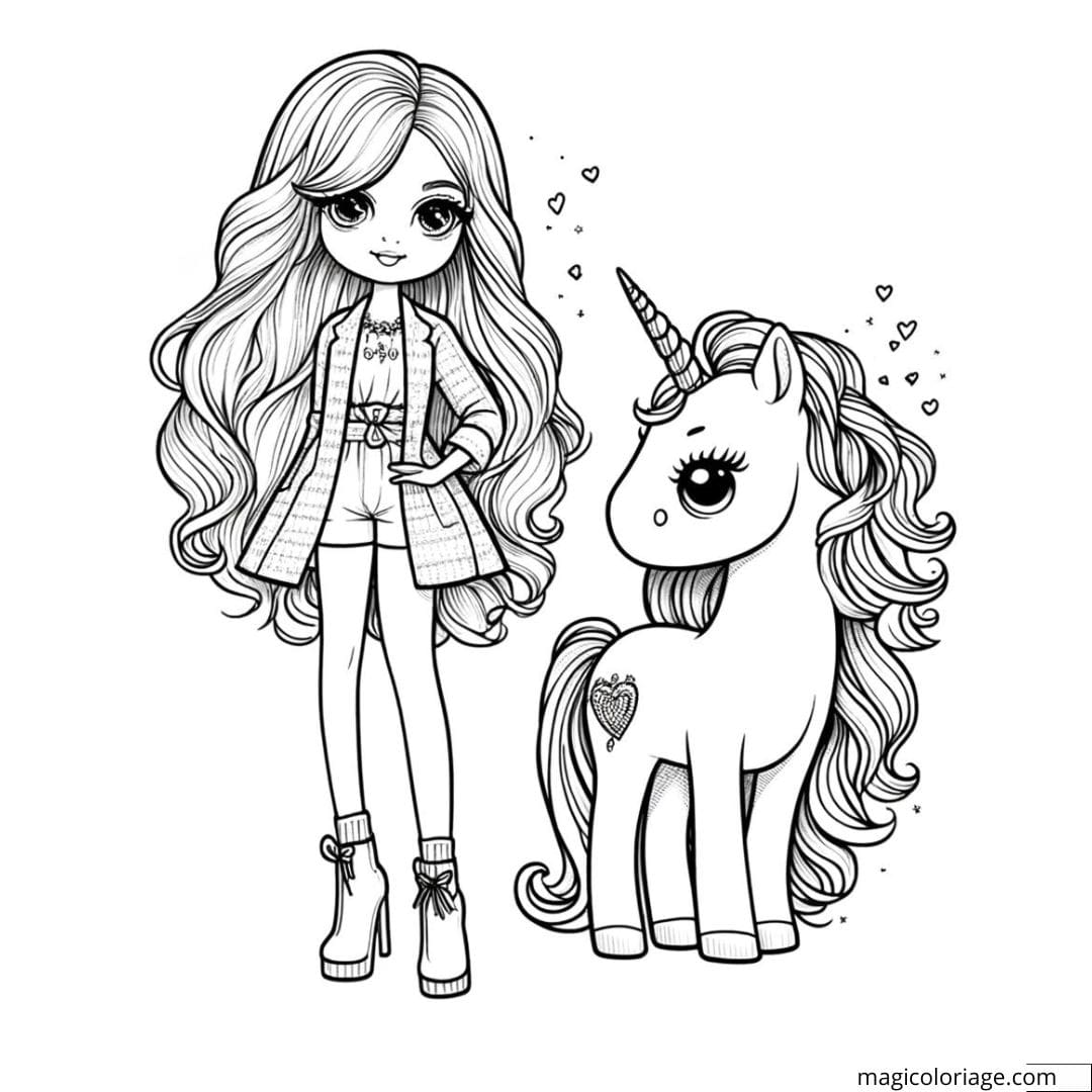 Dessin à colorier d'une Barbie avec une licorne, idéale pour les enfants.