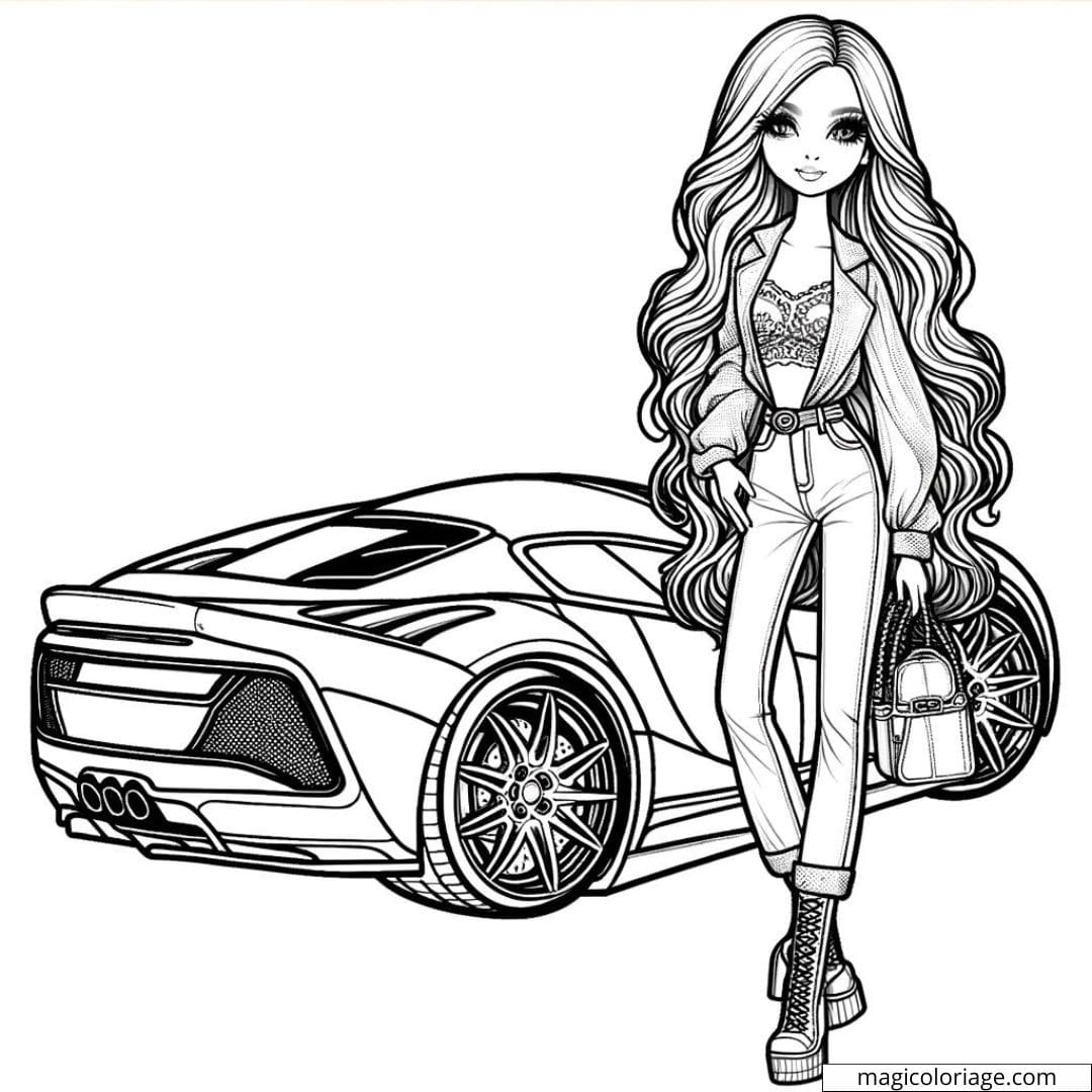 Découvrez ce dessin à colorier d'une Barbie avec une voiture de sport. Idéal pour les enfants qui aiment les voitures et les scènes élégantes.
